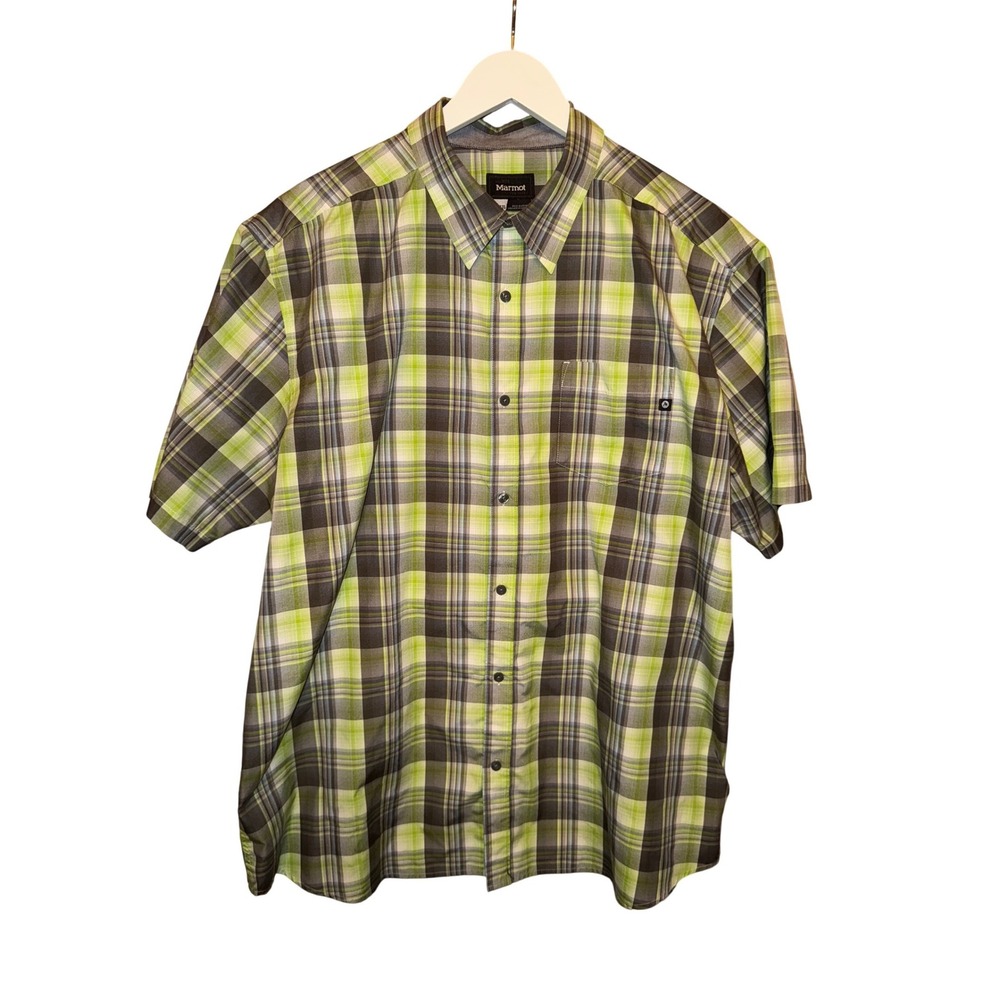 Marmot Men's Plaid Short Sleeve Button Up Shirt Green Brown Size XXL